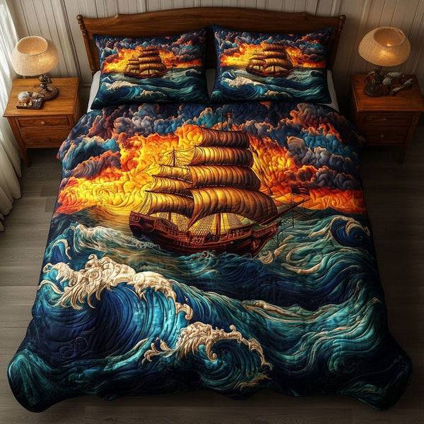 Oceanic Adventure quilted 3-piece bedding set on a made bed in a winter-styled bedroom