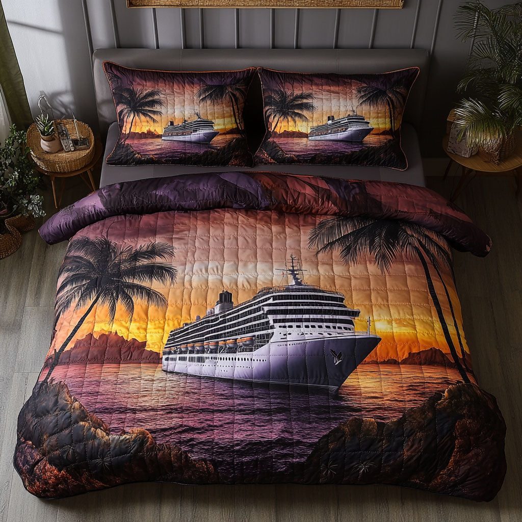 Oceanic Adventure quilted 3-piece bedding set on a made bed in a winter-styled bedroom
