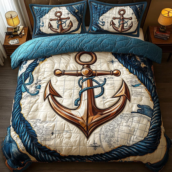 Oceanic Bliss quilted 3-piece bedding set on a made bed in a light coastal bedroom
