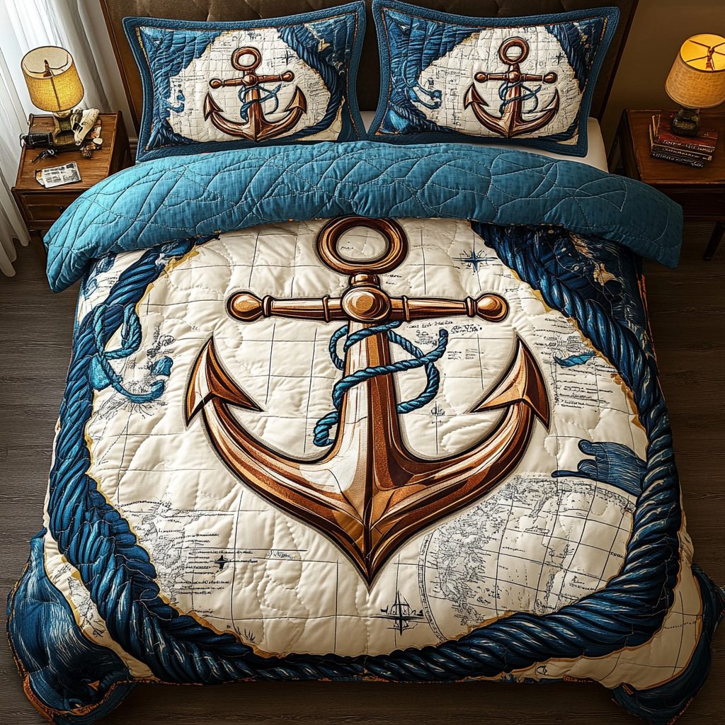 Oceanic Bliss quilted 3-piece bedding set on a made bed in a light coastal bedroom