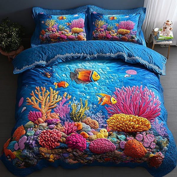 Oceanic Bloom quilted 3-piece bedding set on a made bed in a light coastal bedroom