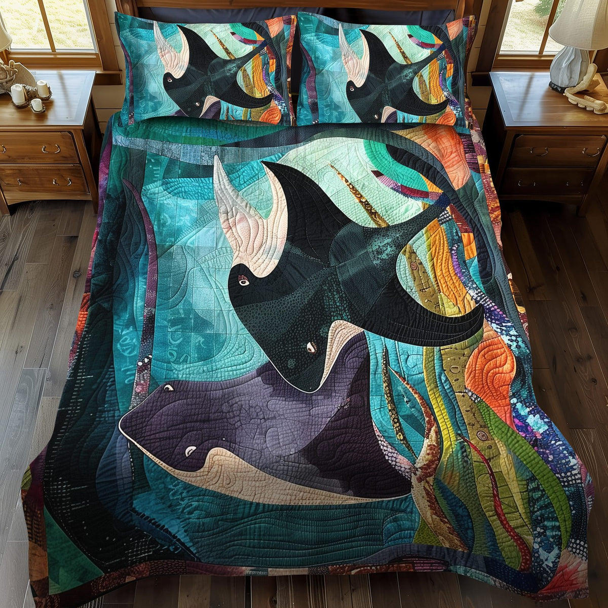 Oceanic Dreams quilted 3-piece bedding set on a made bed in a light coastal bedroom