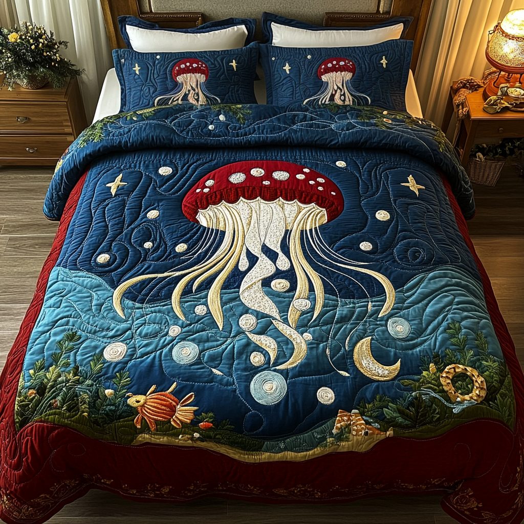 Oceanic Harmony quilted 3-piece bedding set on a made bed in a light coastal bedroom