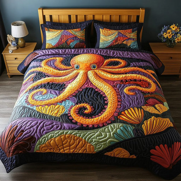 Oceanic Pulse quilted 3-piece bedding set on a made bed in a light coastal bedroom
