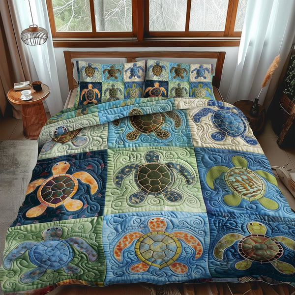 Oceanic Turtle Dream quilted 3-piece bedding set on a made bed in a light coastal bedroom