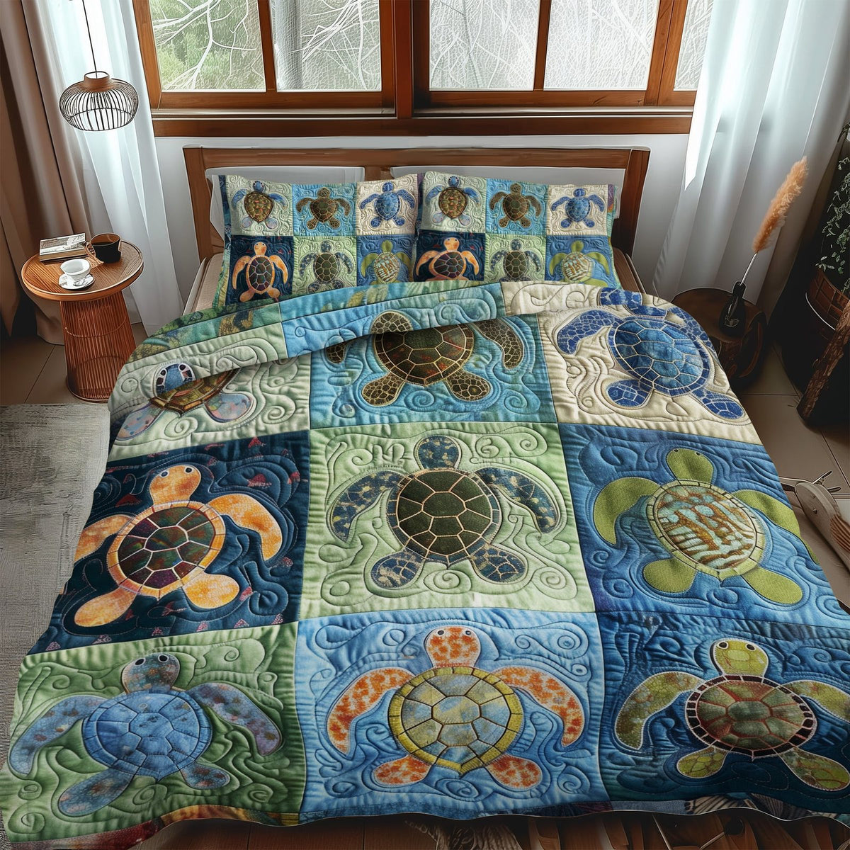 Oceanic Turtle Dream quilted 3-piece bedding set on a made bed in a light coastal bedroom