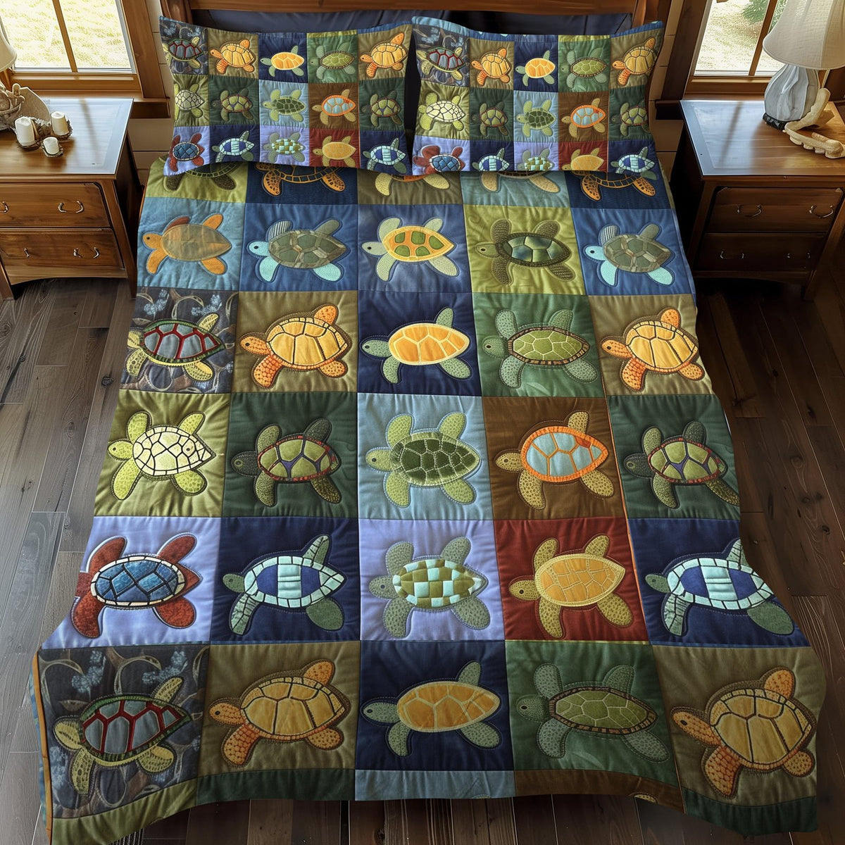 Oceanic Turtle quilted 3-piece bedding set on a made bed in a light coastal bedroom