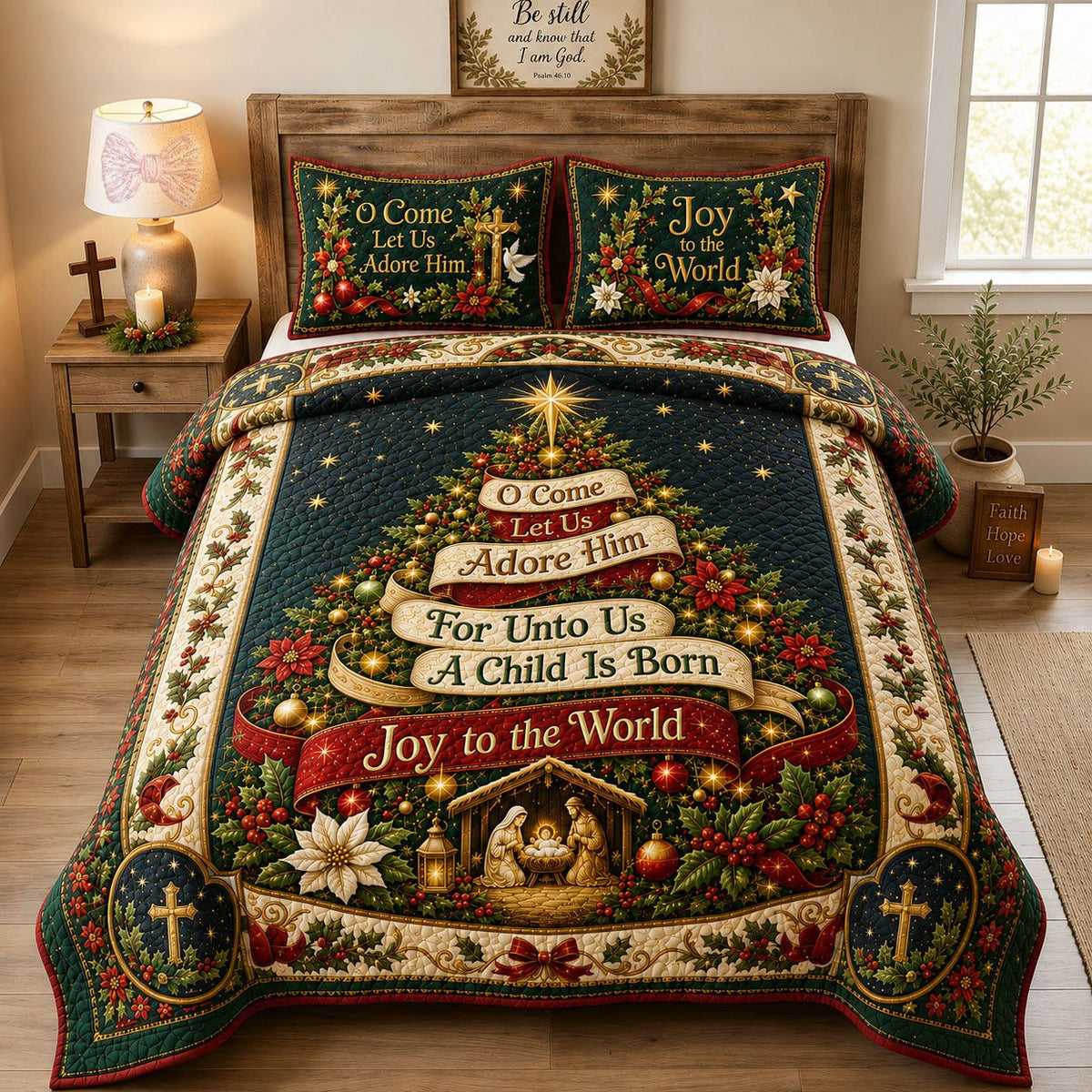 Ocome Let Us Adore Him quilted 3-piece bedding set on a made bed with two matching pillow shams