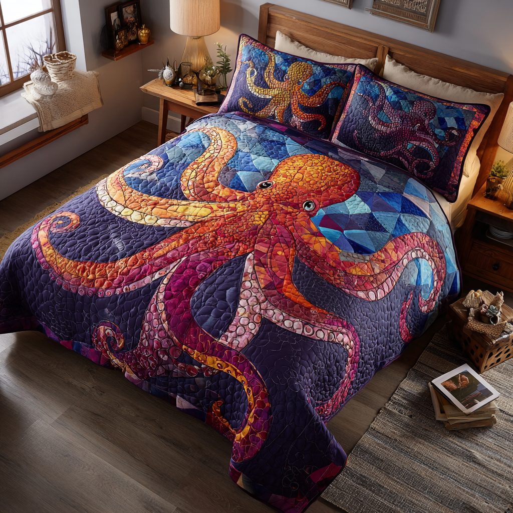Octopus Charm quilted 3-piece bedding set on a made bed with two matching pillow shams