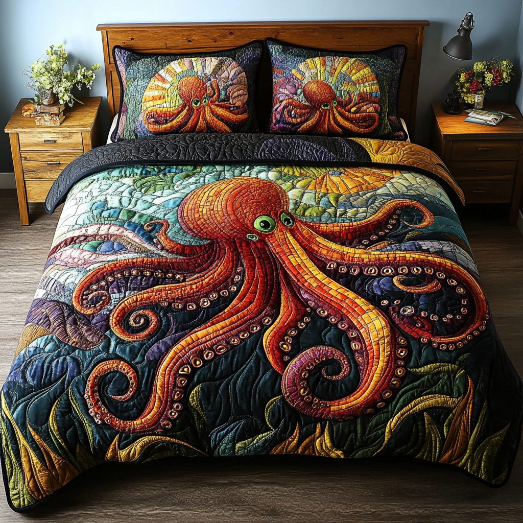 Octopus Haven quilted 3-piece bedding set on a made bed with two matching pillow shams