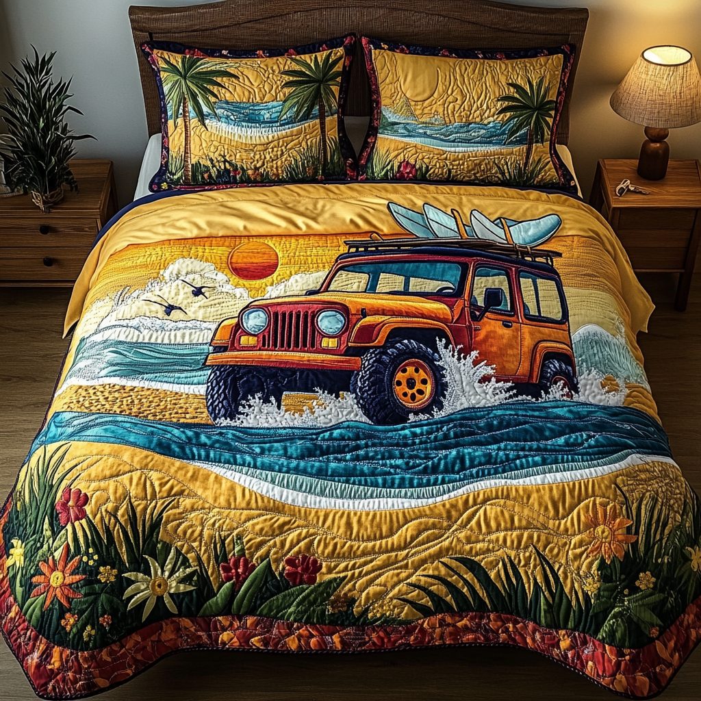 Off Trail quilted 3-piece bedding set on a made bed with two matching pillow shams
