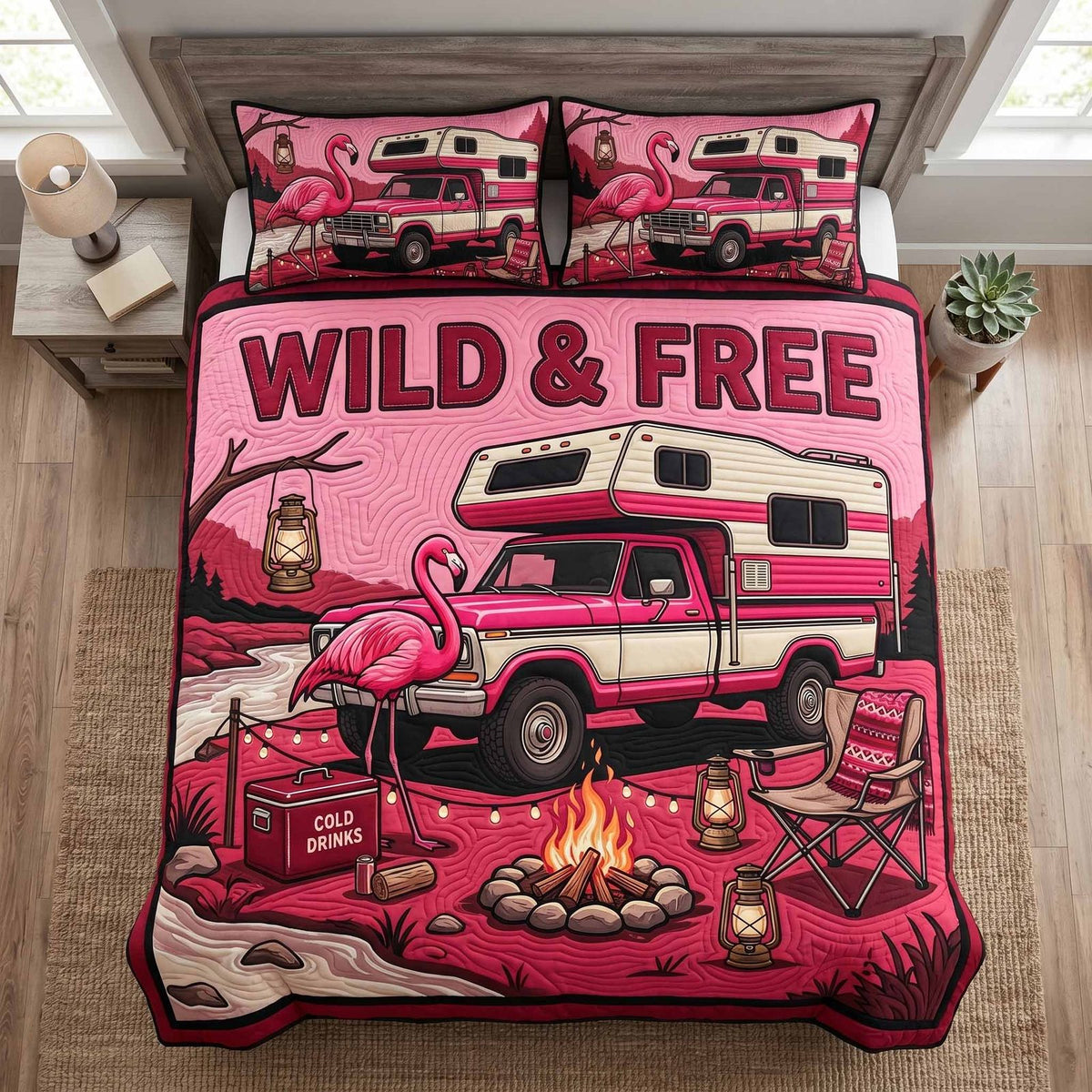 Offroad Jeep quilted 3-piece bedding set on a made bed with two matching pillow shams