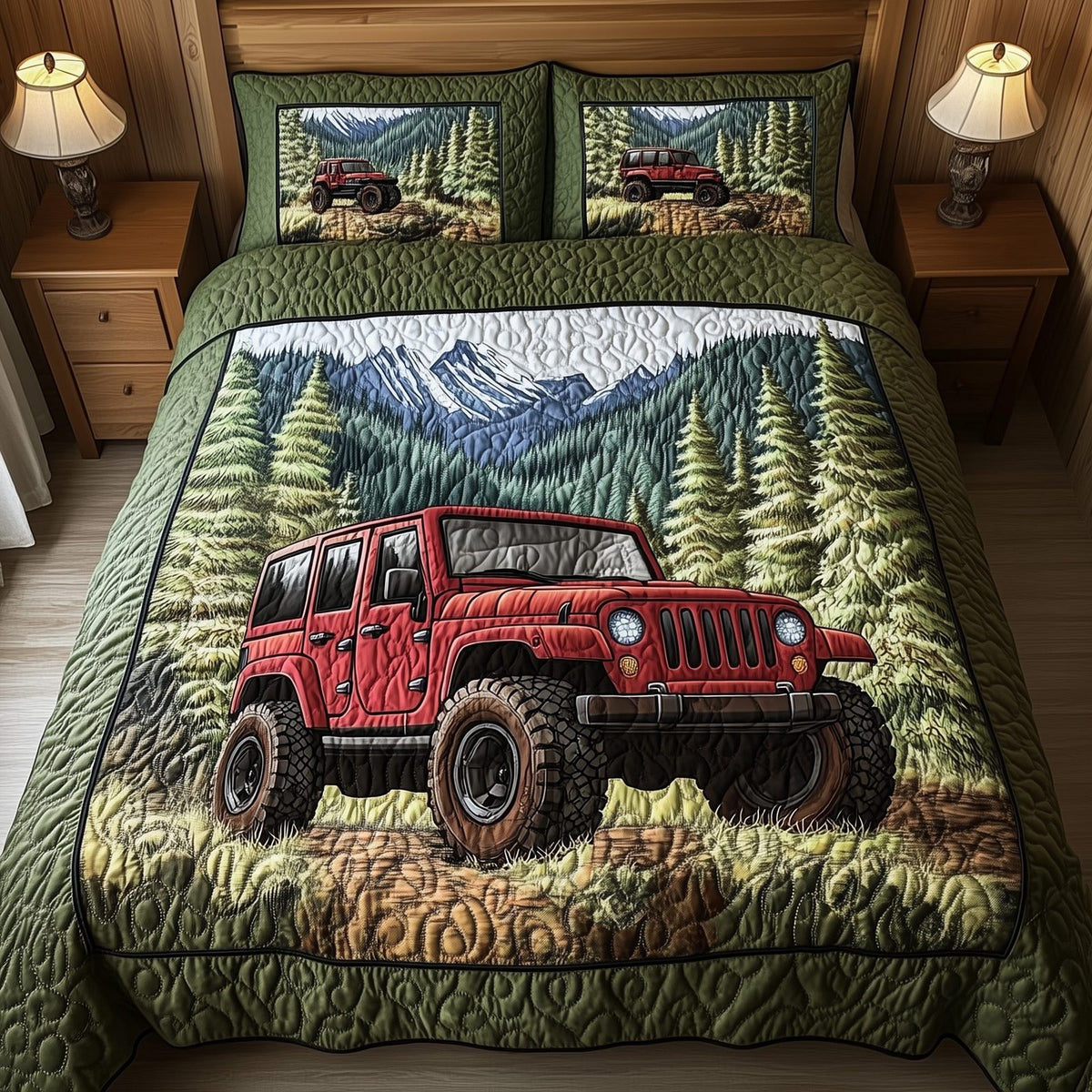 OffRoad Legends quilted 3-piece bedding set on a made bed with two matching pillow shams
