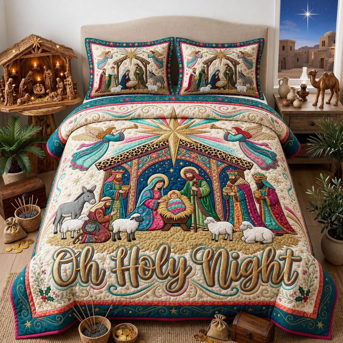 Oh Holy Night quilted 3-piece bedding set on a made bed in a softly lit bedroom