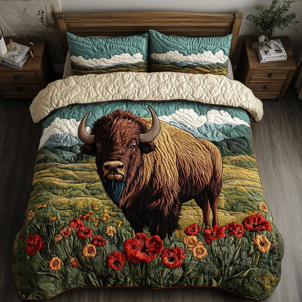 Oklahoma Bison Adventure quilted 3-piece bedding set on a made bed in a winter-styled bedroom