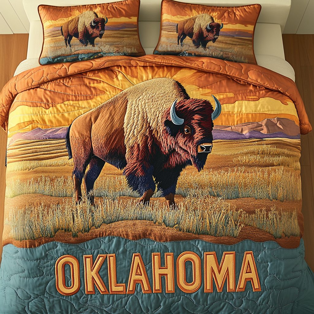 Oklahoma Bison Dreams quilted 3-piece bedding set on a made bed in a rustic timber bedroom