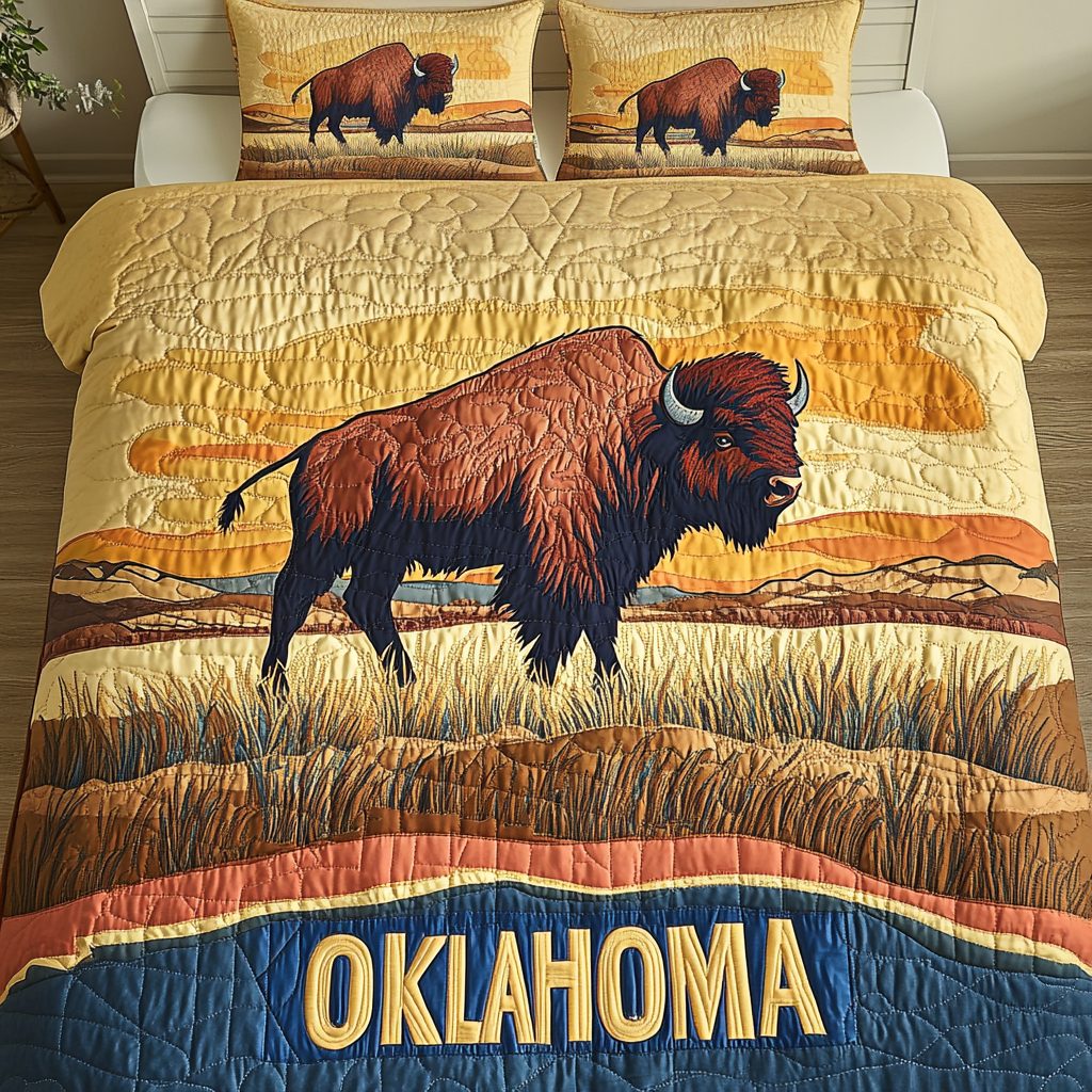 Oklahoma Spirit quilted 3-piece bedding set on a made bed with two matching pillow shams