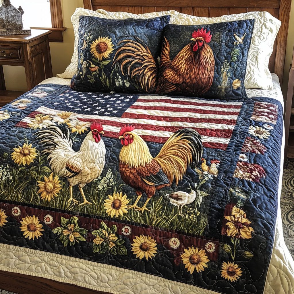 Old Glory Roost quilted 3-piece bedding set on a made bed with two matching pillow shams