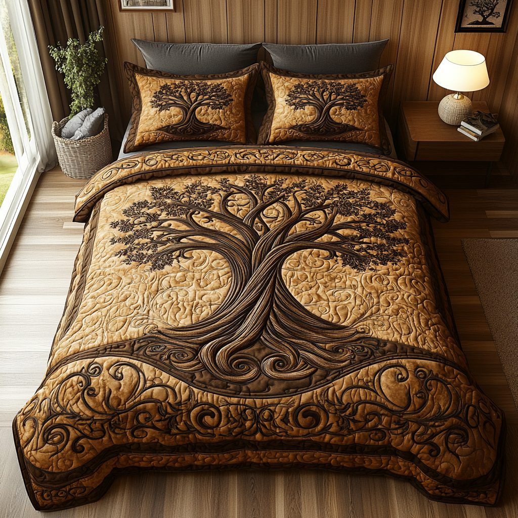 Old Tree quilted 3-piece bedding set on a made bed with two matching pillow shams