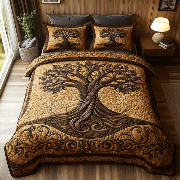 Old Tree quilted 3-piece bedding set on a made bed with two matching pillow shams