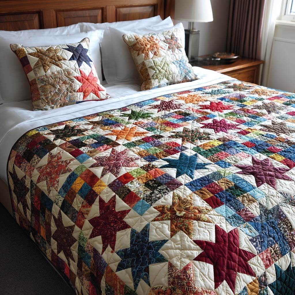 Old West Star quilted 3-piece bedding set on a made bed with two matching pillow shams