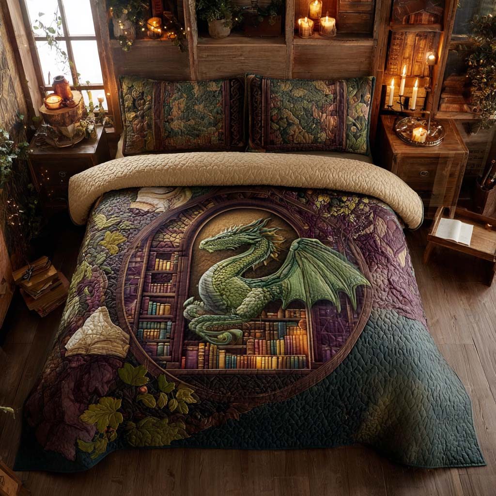 Old World Library Dream quilted 3-piece bedding set on a made bed with two matching pillow shams