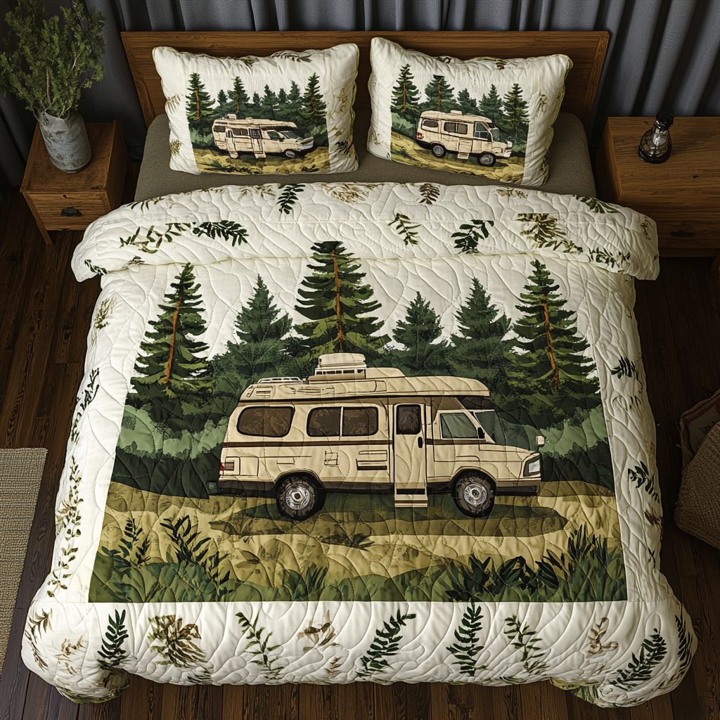 On the Road quilted 3-piece bedding set on a made bed with two matching pillow shams