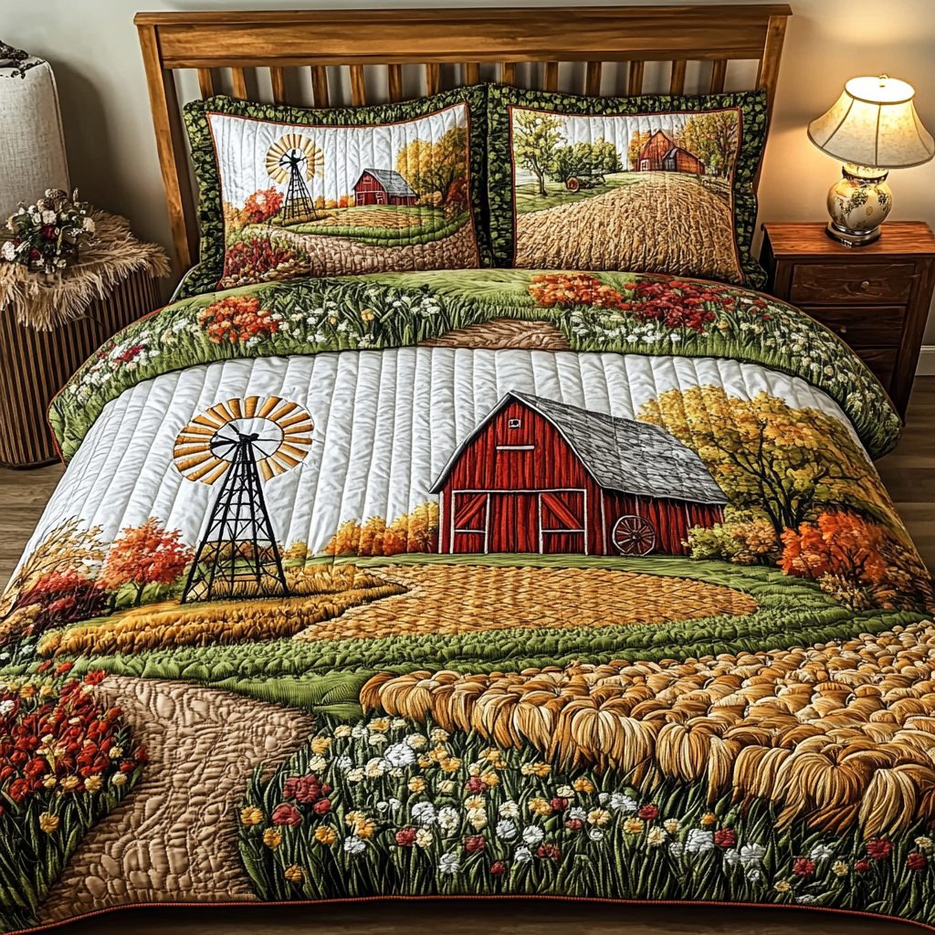 Open Pastures quilted 3-piece bedding set on a made bed with two matching pillow shams