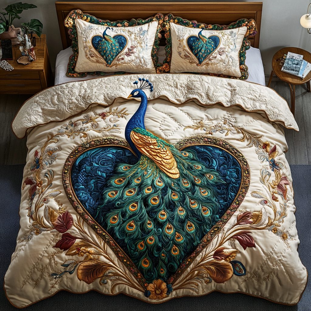 Opulent Feather quilted 3-piece bedding set on a made bed with two matching pillow shams