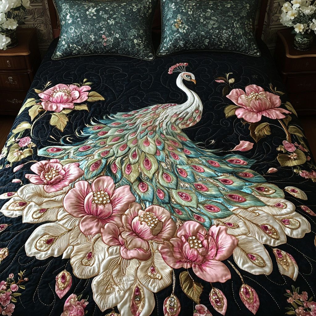 Opulent Grace quilted 3-piece bedding set on a made bed with two matching pillow shams