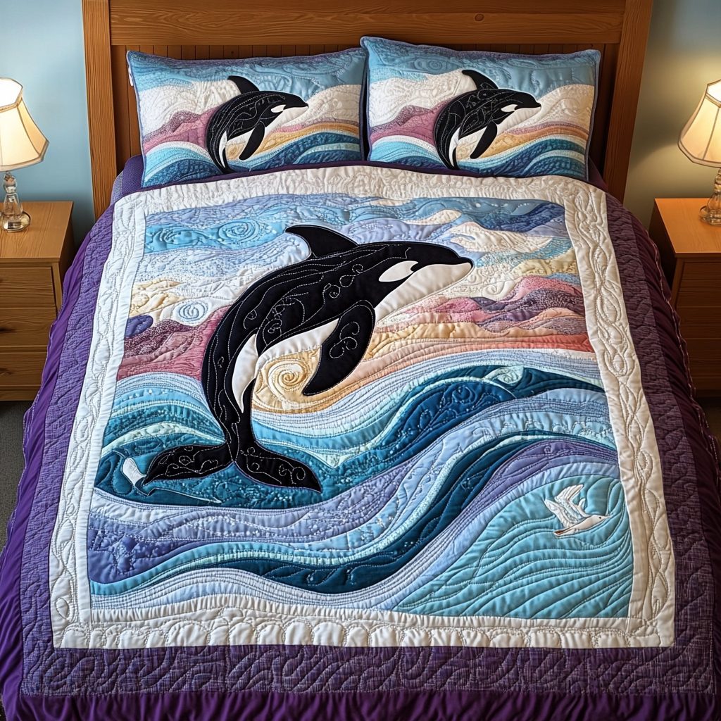 Orca Grace quilted 3-piece bedding set on a made bed with two matching pillow shams
