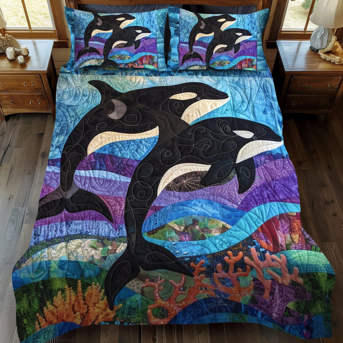 Orca Song Waves quilted 3-piece bedding set on a made bed in a light coastal bedroom