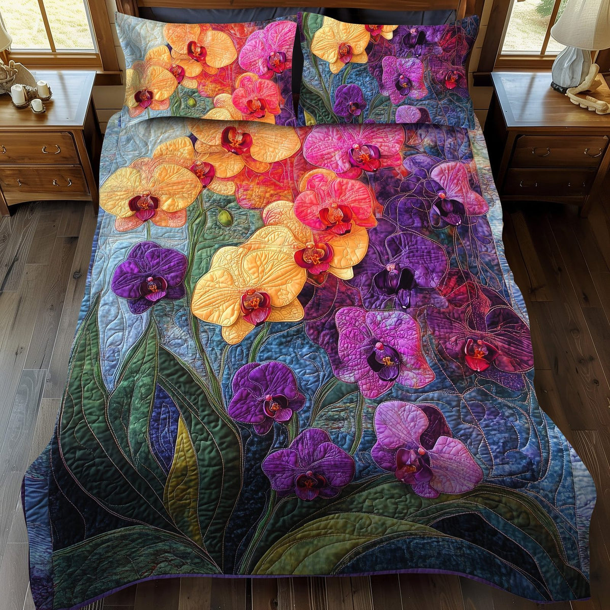 Orchid Meadow quilted 3-piece bedding set on a made bed with two matching pillow shams