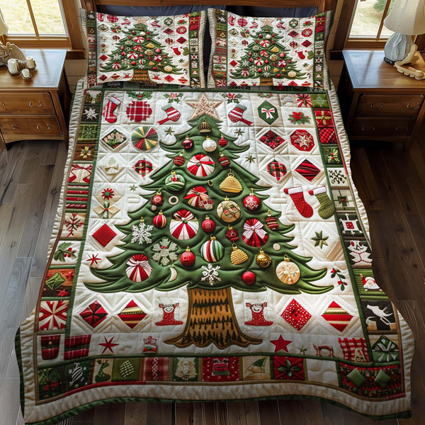 Ornamented Christmas Tree quilted 3-piece bedding set on a made bed in a winter-styled bedroom
