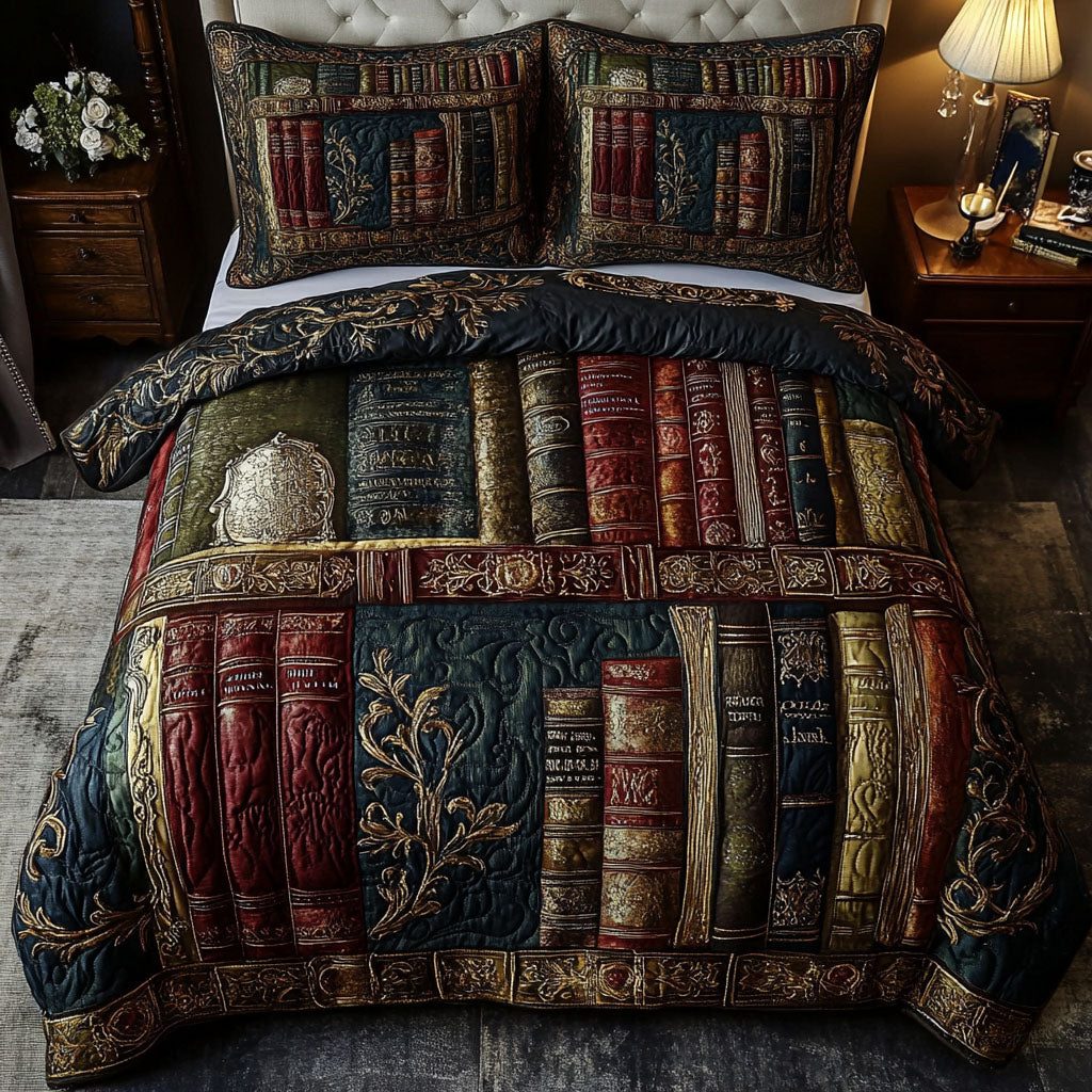 Ornate Bookshelf Slumber quilted 3-piece bedding set on a made bed with two matching pillow shams