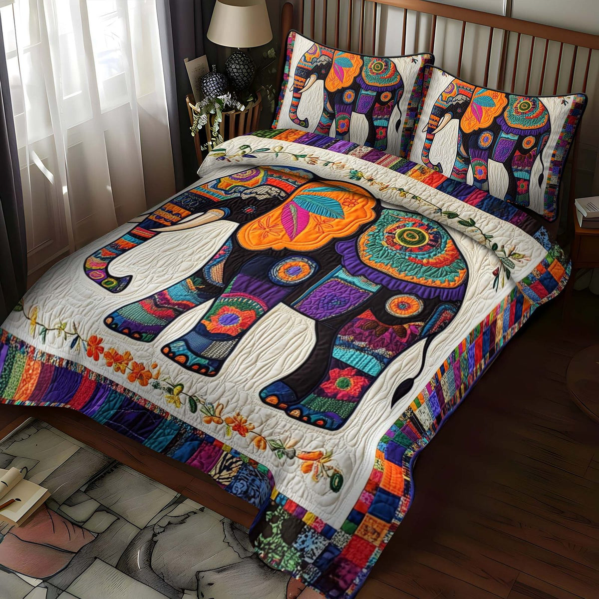 Ornate Elephant quilted 3-piece bedding set on a made bed with two matching pillow shams