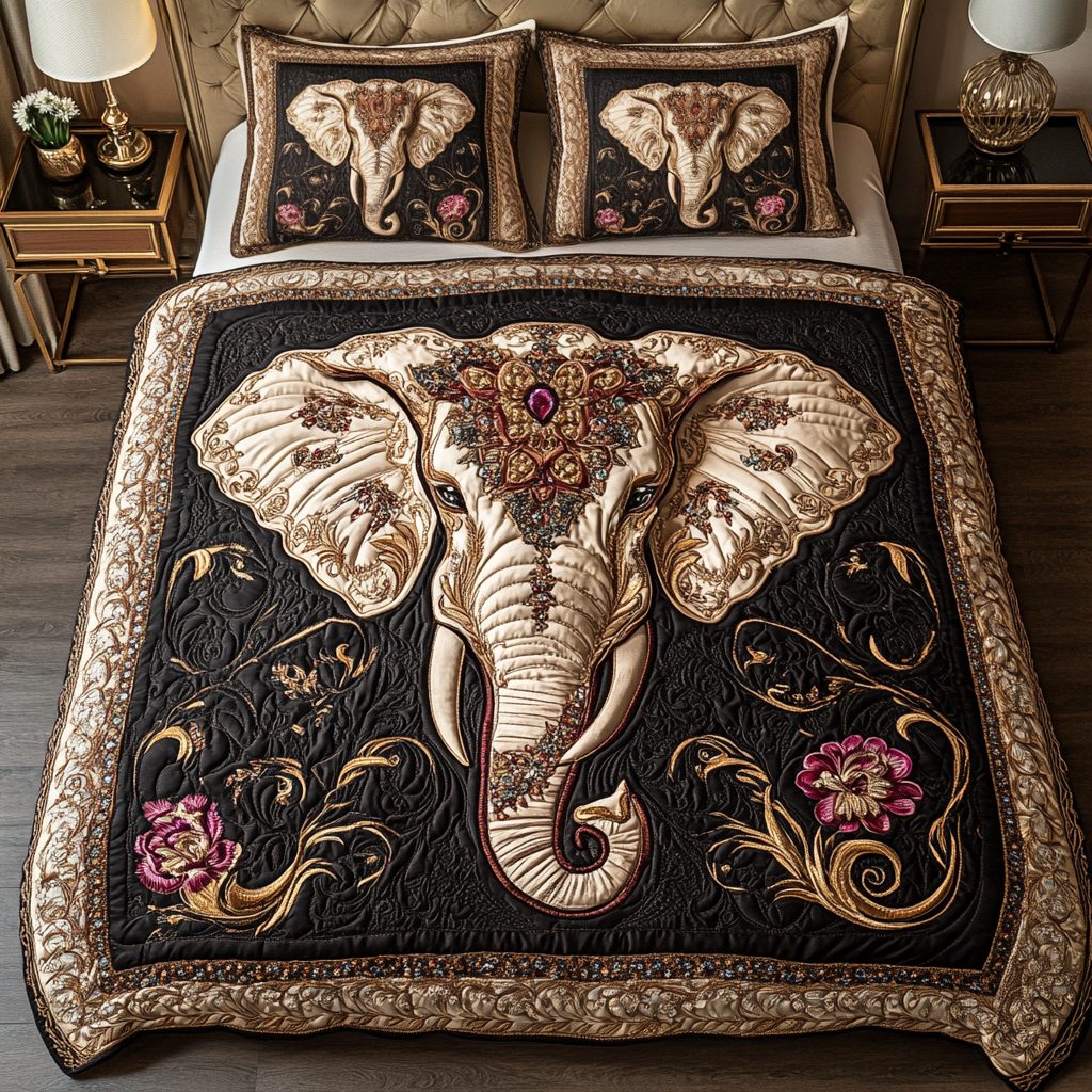 Ornate Elephant quilted 3-piece bedding set on a made bed with two matching pillow shams