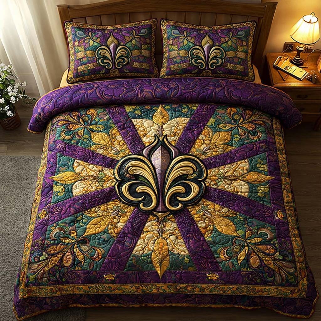 Ornate Fleur quilted 3-piece bedding set on a made bed with two matching pillow shams