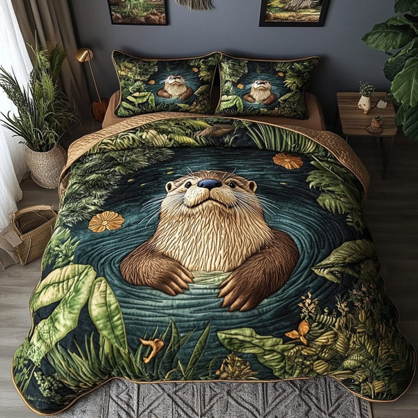 Otterly Adorable quilted 3-piece bedding set on a made bed with two matching pillow shams