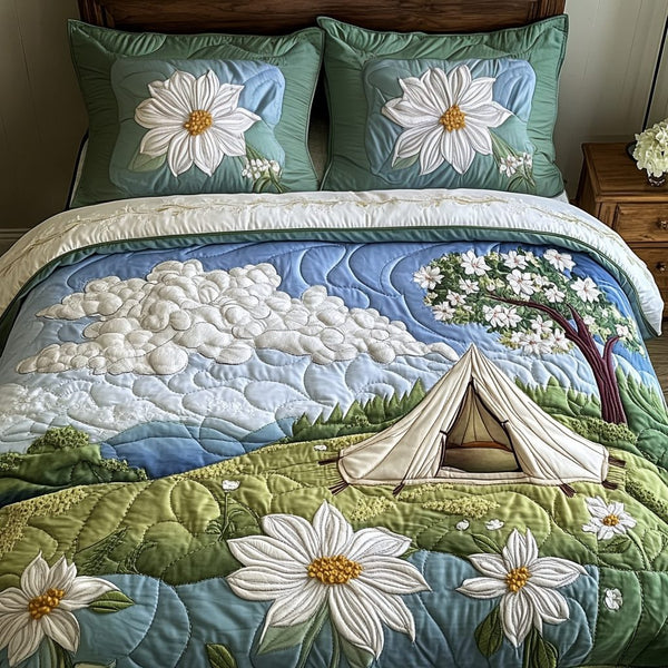 Outdoor Adventure quilted 3-piece bedding set on a made bed in a winter-styled bedroom