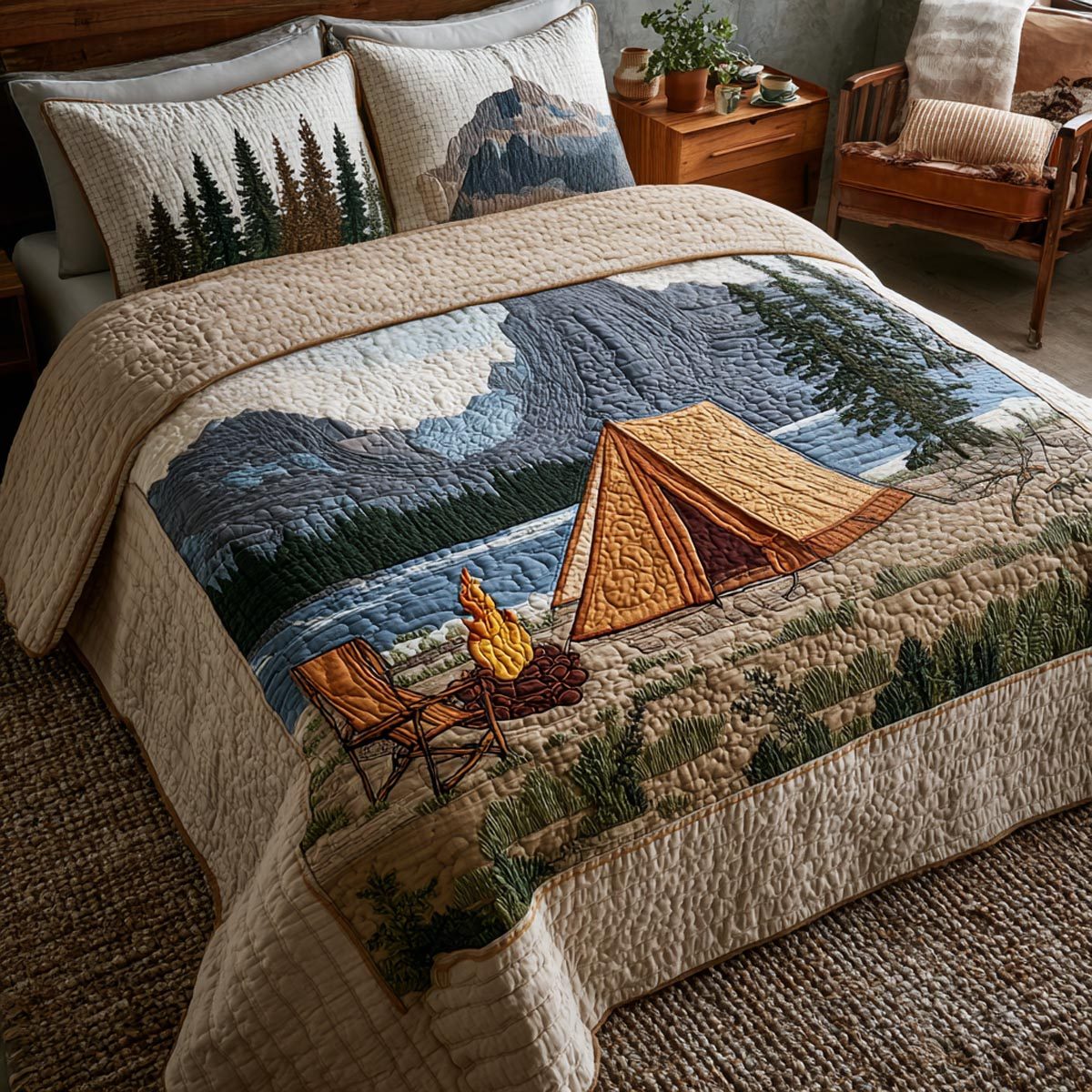 Outdoor Haven quilted 3-piece bedding set on a made bed with two matching pillow shams
