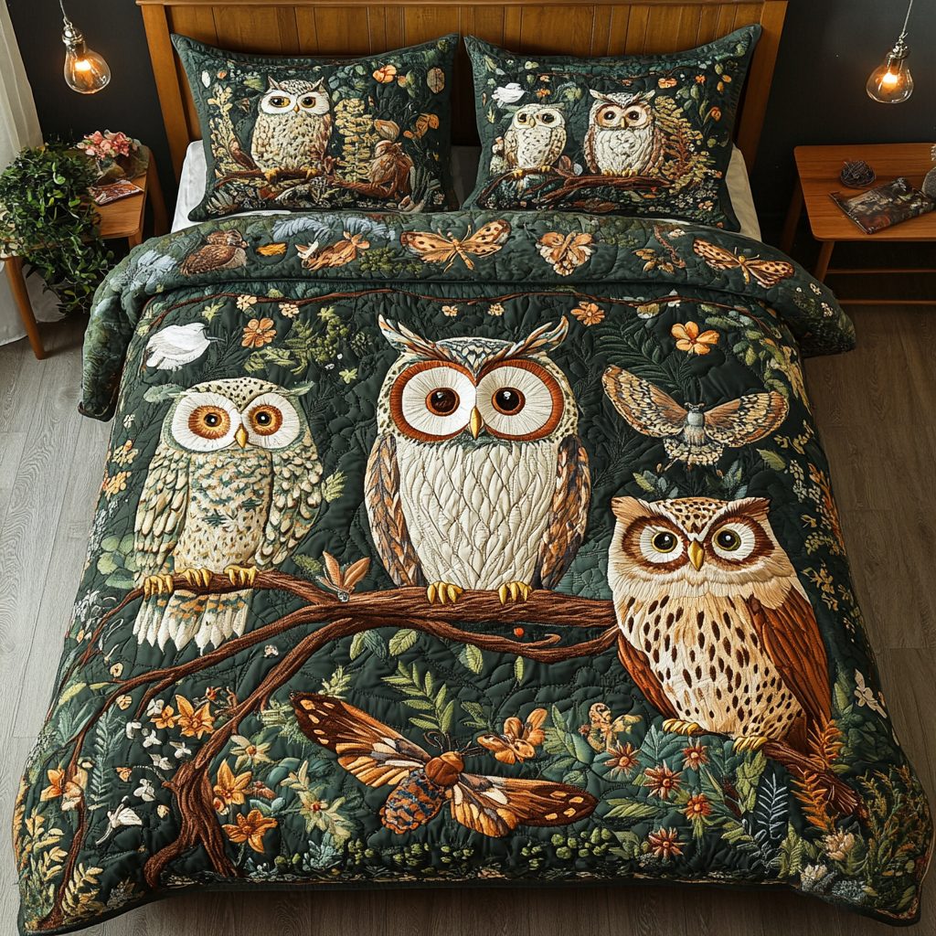 Owl Charm quilted 3-piece bedding set on a made bed with two matching pillow shams