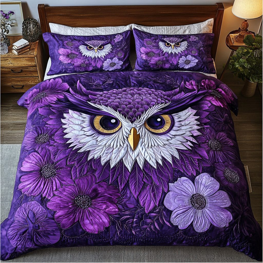 Owl Design quilted 3-piece bedding set on a made bed with two matching pillow shams