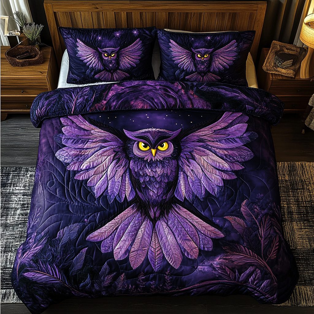 Owl Dream quilted 3-piece bedding set on a made bed with two matching pillow shams