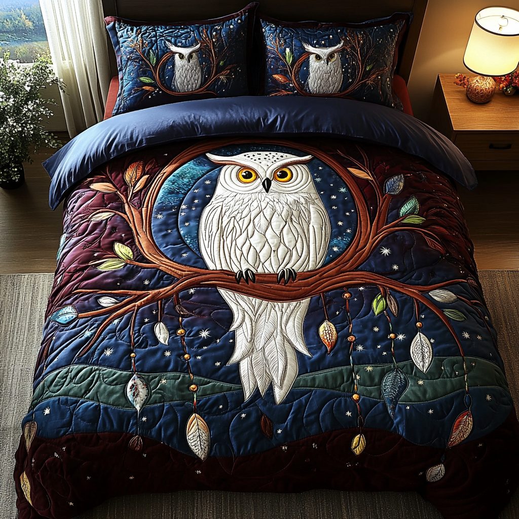 Owl Embrace quilted 3-piece bedding set on a made bed with two matching pillow shams