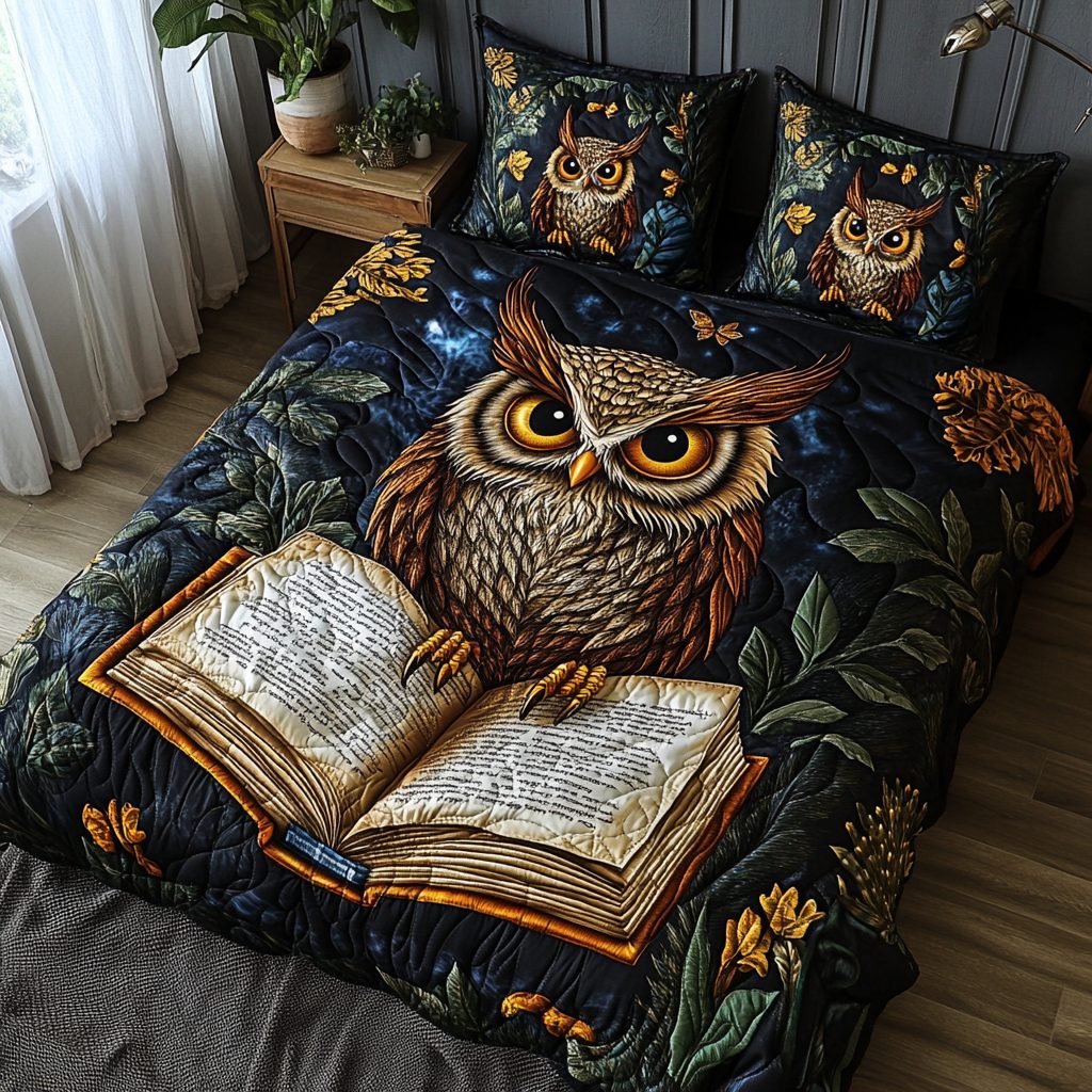 Owl Eyes quilted 3-piece bedding set on a made bed with two matching pillow shams
