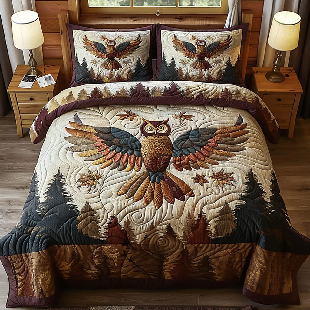 Owl Forest quilted 3-piece bedding set on a made bed with two matching pillow shams