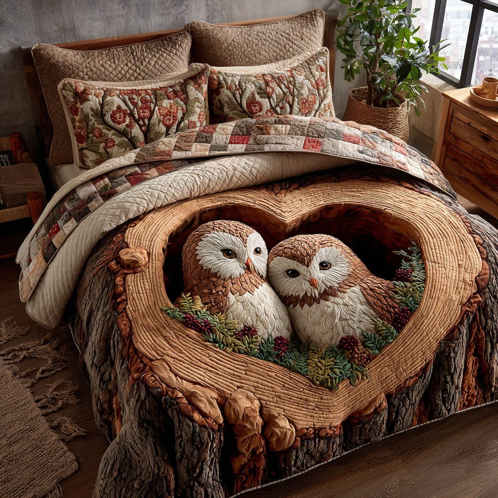 Owl Heart Nest quilted 3-piece bedding set on a made bed with two matching pillow shams