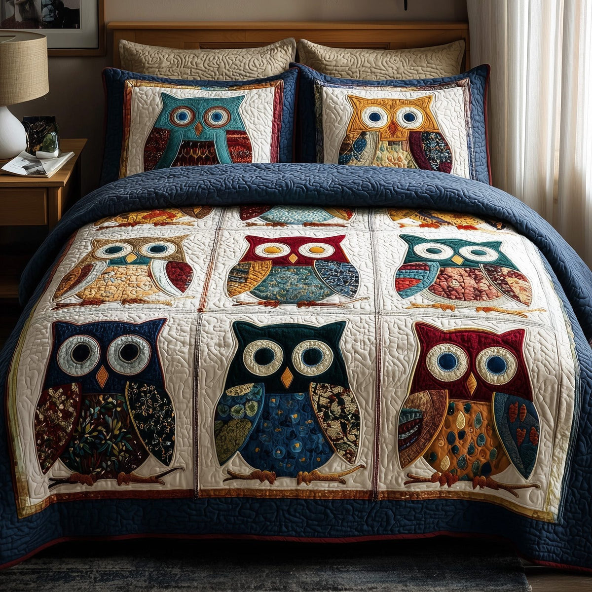 Owl Heaven quilted 3-piece bedding set on a made bed in a softly lit bedroom