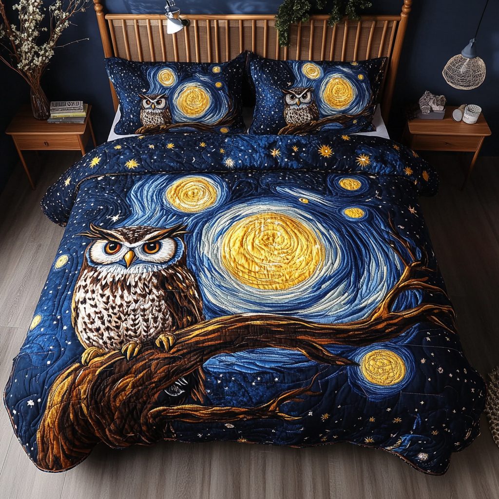 Owl Horizon quilted 3-piece bedding set on a made bed with two matching pillow shams